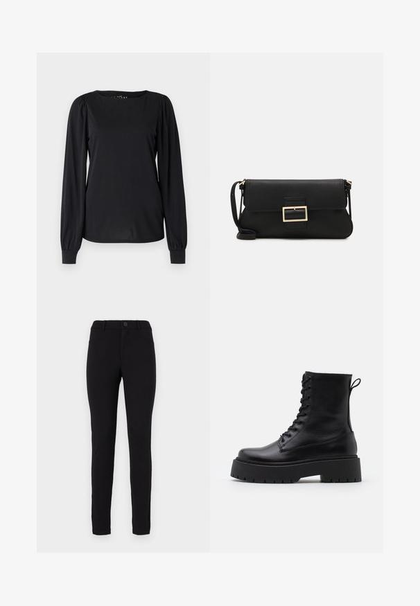 Črn dolg rokav vrh, izdelan iz gladkega blaga, z okroglim izrezom in nabrano obdelavo na ramenih in manšetah.; Črne tajice s slim fit krojem, ki imajo gumb zapiranje, zanke za pas in stranske žepe. Gladka tekstura z enobarvnim dizajnom.; Črne usnjene gležnjarje z okroglo konico, vezalnim sprednjim delom in debelim gumijastim podplatom z teksturiranim profilom. Zanka na hrbtni strani.; Črna usnjena torbica na preklop z zlato kovinsko zaponko. Vključuje črn trak in eleganten, minimalističen dizajn.; Zlate obroče ušesne uhane, tanke in krožne oblike, z gladko kovinsko površino brez okrasnih elementov ali vzorcev.