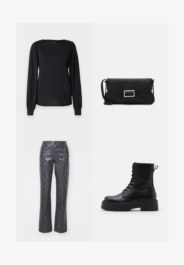 Svart långärmad topp i ett slätt tyg, med rund halsringning och veckade detaljer vid axlarna och ärmsluten.; Faux läderbyxor i mörkgrått med ett ormskinnsmönster. Har knäppning fram, raka ben och klassisk femficksdesign.; Svarta läderankelboots med rund tå, snörning framtill och en tjock gummisula med strukturerat mönster. Dragflik bak.; Svart läderkuvertväska med en klaff och detalj i guldmetallspänne. Innehåller en svart rem och en elegant, minimalistisk design.; Guldiga hoopsörhängen, tunna och runda i formen, med en slät metallisk finish utan utsmyckningar eller mönster.