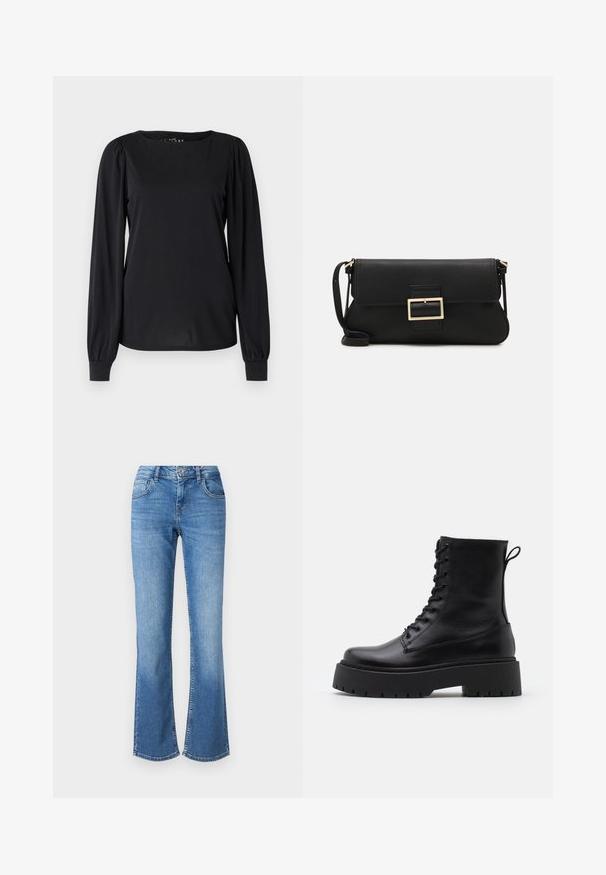 Black long-sleeve top made of smooth fabric, featuring a round neckline and gathered details at the shoulders and cuffs.; Light blue flared jeans with a high waist, five pockets, and subtle fading. Made of denim with exposed stitching and a button fly.; Black leather ankle boots with a round toe, lace-up front, and a thick rubber sole featuring a textured tread. Pull tab at the back.; Black leather clutch bag with a flap and a gold metal buckle detail. Includes a black strap and a sleek, minimalist design.; Gold-colored hoop earrings, thin and round in shape, with a smooth metallic finish and no embellishments or patterns.