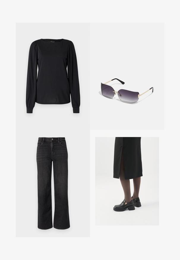Black long-sleeve top made of smooth fabric, featuring a round neckline and gathered details at the shoulders and cuffs.; Wide-leg black denim jeans with a classic fit, featuring a zip fly, button closure, and five-pocket design. Subtle fading and stitching details.; Black leather shoes with a rounded toe, thick block heel, and elastic side accents, paired with dark tights and a black skirt with a slit.; Sunglasses with a gray gradient lens, gold metal frame, and black plastic accents. Unique butterfly-shaped lenses with thin arms.; Silver hoop earrings with a minimalist design. Circular shape, smooth texture, and thin profile. Lightweight with a polished finish.