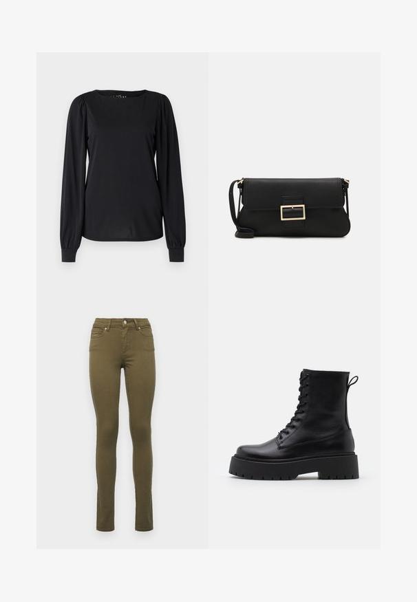 Must be liikuvate detailidega kleit, millel on ümar kaelus ja rippuvad detailid õlgadel ja mansettides.; Olivroheline kitsas lõikega teksapüksid, mis on valmistatud puuvilla segust, standardse taljega, viie tasku ja peente õmblustega õmbluste juures.; Mustad mustad nahast pahkluu saapad ümarate varvastega, nööridega esiosas ja paksu kummist talla ning tekstuuritud mustriga. Tagumine tõmbeaas.; Must haben musta nahkklahviga kott, millel on klapp ja kuldne metallist pandla detail. Kaasas must rihm ja stiilne, minimalistlik disain.; Kulla värvi nõelad, õhukesed ja ümmargused, millel on sile metallist pind ja ilma kaunistuste või mustriteta.