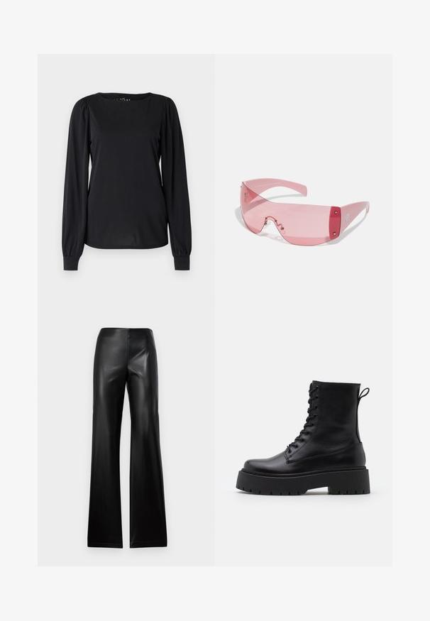 Melnas garām piedurknēm tops, izgatavots no gludas auduma, ar apaļu apkakli un savielkumiem plecu un aproču daļās.; Melnas ādas plati bikses ar gludu tekstūru, kurām ir augsts jostas vietas un vienkāršs dizains, augšdaļā sašaurinātas un uz apakšas paplašinātas.; Melni ādas potītēm zābaki ar apļveida purngalu, auklām priekšpusē un biezu gumijas zoli ar teksturētu protektoru. Velkšanas cilpa aizmugurē.; CHPO PRENZ UNISEX - Saulesbrilles - pink; Zelta krāsas auskari gredzena formā, plāni un apaļi, ar gludu metāla apdari un bez rotājumiem vai zīmējumiem.