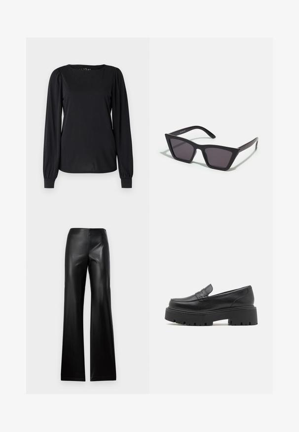 Crni dugi rukav majica od gladke tkanine, s okruglim izrezom i nabranim detaljima na ramenima i manžetama.; Crne kožne hlače širokog kroja s glatkom teksturom, s visokim strukom i jednostavnim dizajnom, sužavajući se na vrhu i šireći se prema rubu.; Crne kožne mokasine s niskim, debelim gumenim potplatom, šivanim detaljima na gornjem dijelu i glatkom teksturom.; Crne, uglaste sunčane naočale sa sivoj lećama; izrađene od plastike, imaju debele nogice s glatkom površinom i bez vidljivih metalnih dijelova.; Zlatne kružne naušnice, tanke i okrugle, s glatkom metalnom površinom bez ukrasa ili uzoraka.