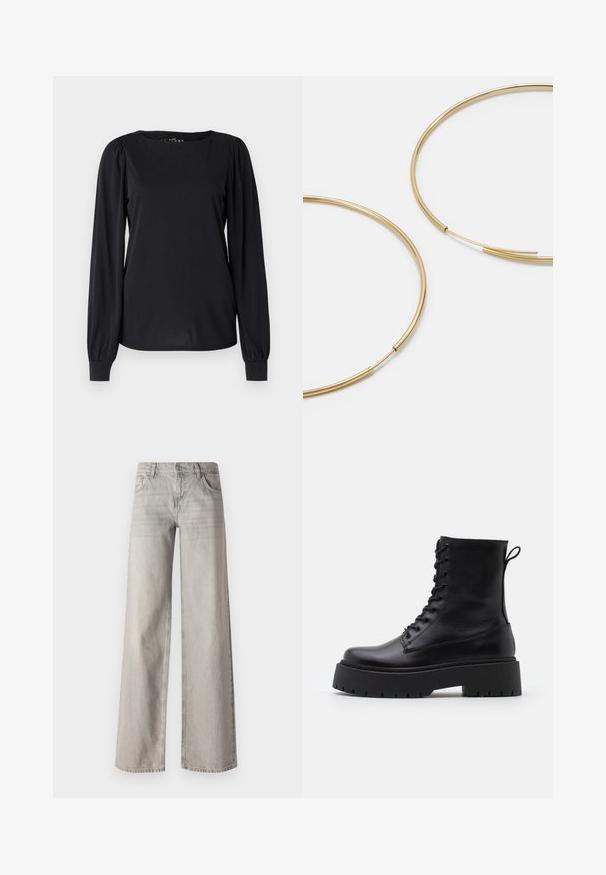 Crni dugi rukav majica od gladke tkanine, s okruglim izrezom i nabranim detaljima na ramenima i manžetama.; Svijetlosive traperice širokih nogavica, izrađene od denima, s dizajnom od pet džepova, prednjim zatvaranjem na gumb i blago izblijedjelom teksturom.; Crne kožne gležnjače s okruglim vrhom, vezanjem sprijeda i debelim gumenim potplatom s teksturiranim uzorkom. Tipa: traka za vuču na stražnjoj strani.; Zlatne kružne naušnice, tanke i okrugle, s glatkom metalnom površinom bez ukrasa ili uzoraka.