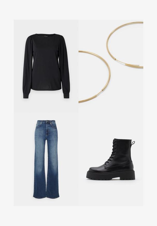 Top negro de manga larga hecho de una tela suave, con un cuello redondo y detalles fruncidos en los hombros y puños.; Vaqueros de pierna ancha en denim azul medio. De tiro alto con un acabado suave, parte frontal desgastada y sutiles detalles de costura. Cierre en la cintura con un botón.; Botas de cuero negras hasta el tobillo con punta redonda, cordones en la parte delantera y una suela de goma gruesa con un dibujo texturizado. Tirador en la parte trasera.; Pendientes de aro color dorado, delgados y redondos, con un acabado metálico suave y sin adornos ni patrones.