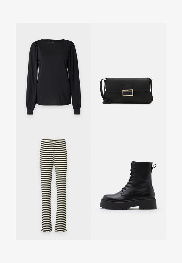 Svart långärmad topp i ett slätt tyg, med rund halsringning och veckade detaljer vid axlarna och ärmsluten.; Mads Nørgaard STRIPE LONNIE PANTS - Tygbyxor - rosin/vanilla ice; Svarta läderankelboots med rund tå, snörning framtill och en tjock gummisula med strukturerat mönster. Dragflik bak.; Svart läderkuvertväska med en klaff och detalj i guldmetallspänne. Innehåller en svart rem och en elegant, minimalistisk design.; Guldiga hoopsörhängen, tunna och runda i formen, med en slät metallisk finish utan utsmyckningar eller mönster.