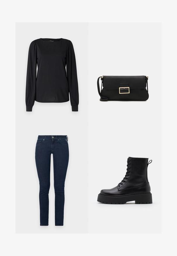 Top negro de manga larga hecho de una tela suave, con un cuello redondo y detalles fruncidos en los hombros y puños.; Jeans skinny de mezclilla azul oscuro con cintura alta, cinco bolsillos y cierre de botón en la parte delantera. Textura suave con un leve estiramiento.; Botas de cuero negras hasta el tobillo con punta redonda, cordones en la parte delantera y una suela de goma gruesa con un dibujo texturizado. Tirador en la parte trasera.; Bolso de mano de cuero negro con una solapa y un detalle de hebilla de metal dorado. Incluye una correa negra y un diseño elegante y minimalista.; Pendientes de aro color dorado, delgados y redondos, con un acabado metálico suave y sin adornos ni patrones.
