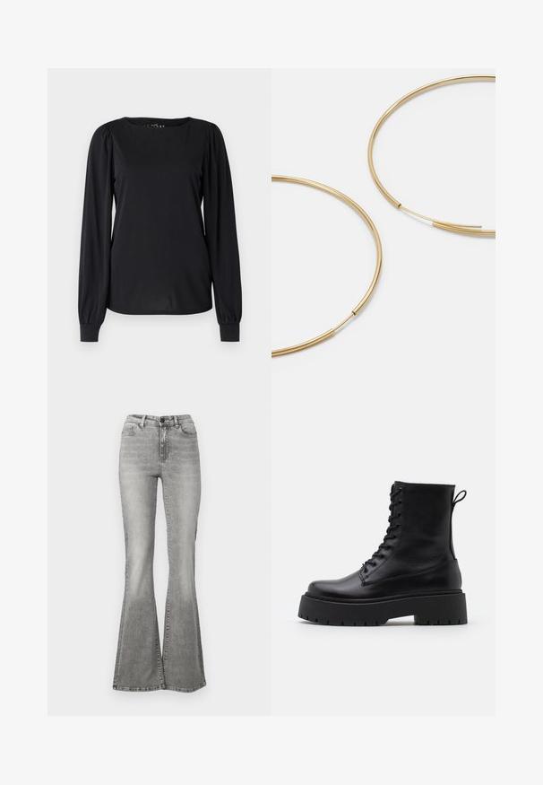 Maglietta nera a maniche lunghe realizzata in tessuto liscio, con scollatura rotonda e dettagli arricciati sulle spalle e sui polsini.; Jeans svasati grigi in denim, con vita alta, tasche frontali e un effetto scolorito. L'orlo è leggermente più largo, creando una forma svasata.; Stivaletti in pelle nera alla caviglia con punta rotonda, lace-up frontale e suola in gomma spessa con battistrada textured. Tassello sul retro.; Orecchini a cerchio color oro, sottili e rotondi, con una finitura metallica liscia e senza decorazioni o motivi.