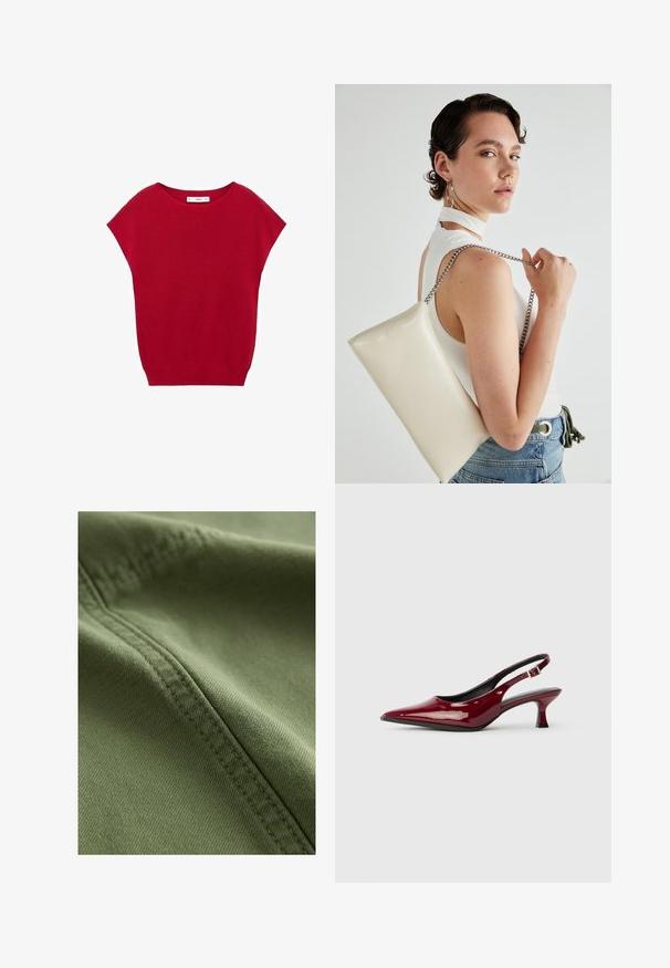 Red knitted top with a round neckline, short sleeves, and a relaxed fit. Smooth texture, no patterns or accents visible.; Next Denim shorts - khaki green; Burgundy patent leather slingback heels with a pointed toe and a sleek stiletto heel. Open back design with adjustable ankle strap detail.; White rectangular clutch bag made of glossy material, featuring a silver chain strap. Model poses, showcasing the bag against a plain background.