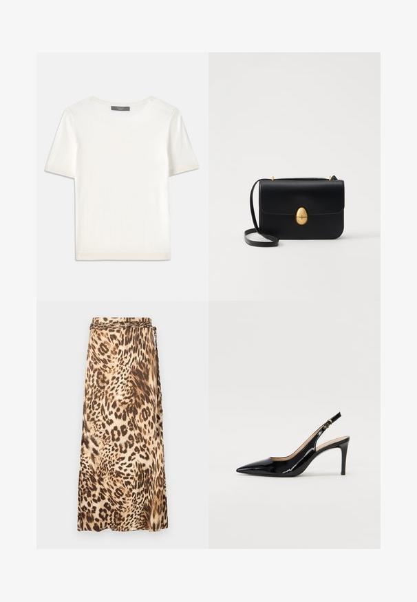 White short-sleeve knit top with a round neckline, featuring a smooth texture and subtle ribbed accents at sleeves and hem.; Leopard-print, flowy maxi skirt in beige and brown tones with a braided waistband detail. Smooth fabric with a draped silhouette.; Black patent leather slingback pump with pointed toe, slim heel, and a subtle cutout design. Features a gold buckle on the strap.; Black leather handbag with a structured rectangular shape. Features a golden oval clasp and a thin shoulder strap. Smooth texture.