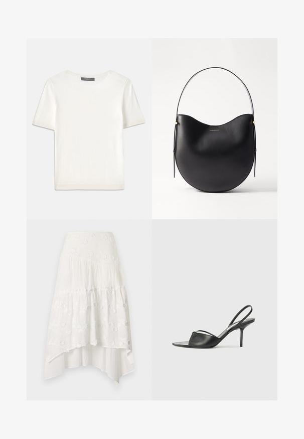 Haut tricot blanc à manches courtes avec un col rond, présentant une texture lisse et des accents côtelés subtils aux manches et à l'ourlet.; Jupe blanche à volants avec broderie florale. Dotée d'une taille ajustée et d'un tissu fluide en couches, créant un ourlet asymétrique.; Escarpins en cuir noir à talon décolleté, avec un bout pointu, une fine bride de cheville et un talon aiguille. Présente un détail noué sur le devant.; Sac en cuir noir avec une forme incurvée, une fine anse et de subtils accents dorés. Texture lisse avec un design minimaliste.
