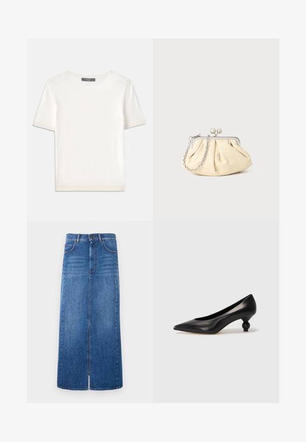 Biele krátke rukávy pletené tričko s okrúhlym výstrihom, ktoré má jemnú textúru a nenápadné rebrované detaily na rukávoch a leme.; Džínsová midi sukňa v modrej farbe, s rozparkom v prednej časti, štandardným pásom so zapínaním na gombík a dvoma prednými vreckami.; Čierna kožená vysoká topánka na podpätku s ostrým špičkou a okrúhlym, guľatým podpätkom. Hladký povrch s moderným, minimalistickým dizajnom.; Zhlý béžový kožený klobúk so strieborným kovovým rámom, ktorý má dve okrúhle dekoratívne zámky a strieborný reťazový popruh.