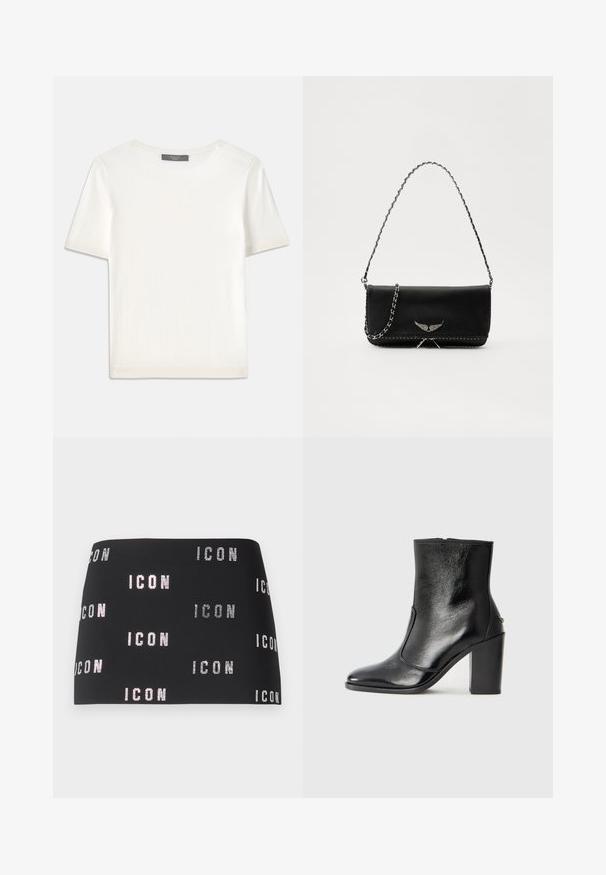 White short-sleeve knit top with a round neckline, featuring a smooth texture and subtle ribbed accents at sleeves and hem.; Black mini skirt featuring glittering "ICON" text in a repeating pattern across the fabric, smooth texture with a fitted design.; Black leather ankle boot with a smooth texture, pointed toe, and a chunky high heel. Features a side opening and minimalistic design.; Black leather handbag with a silver chain strap, featuring decorative wing accents and white stitching along the bottom seam.