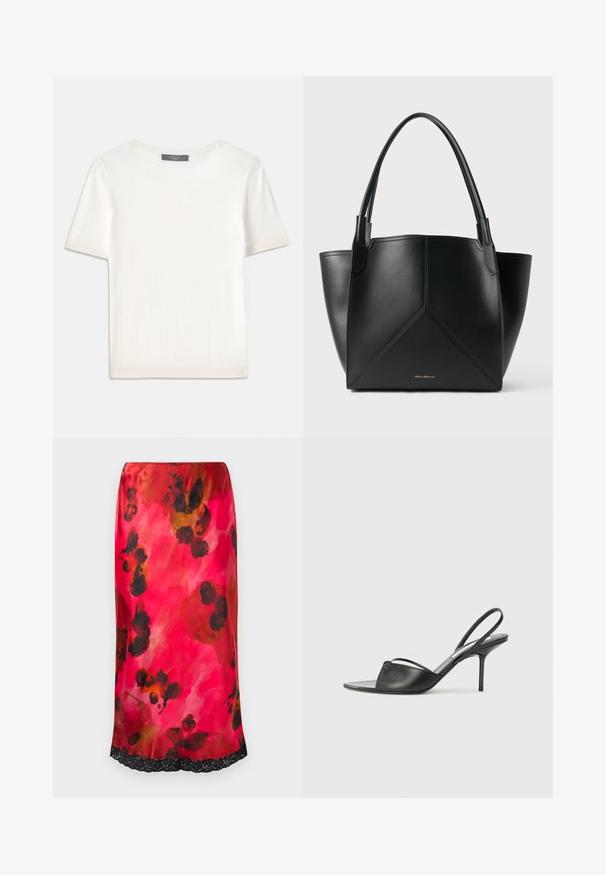 Top tricotat alb cu mânecă scurtă, cu decolteu rotund, având o textură netedă și accente subtile cu nervuri la mâneci și la margine.; Fustă midi din satin cu un model floral în nuanțe de roz acvarel, cu accente negre și dantelă la tiv. Textură netedă, siluetă ajustată.; Cizme cu toc înalt din piele neagră, cu vârf ascuțit, curea subțire la glezne și toc stiletto. Prezintă un detaliu legat pe vamp.; Geantă tote din piele neagră cu un design geometric, având două mânere și un logo auriu pe partea din față. Textură netedă și formă structurată.