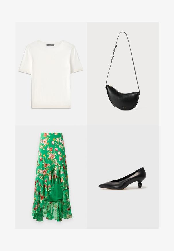 Vit kortärmad stickad topp med rund halsringning, med en jämn textur och subtila randiga detaljer vid ärmarna och fållen.; Blommig maxikjol i lättviktigt material med grön bakgrund och blommor i olika färger, samt lager av volangdetaljer vid fållen.; Svart läderhögklackad sko med spetsig tå och rund, bollformad klack. Slät yta med en elegant, minimalistisk design.; Svart läderhandväska med en böjd form och en justerbar rem. Har ett dragkedjestängning och minimal guldfärgade detaljer.