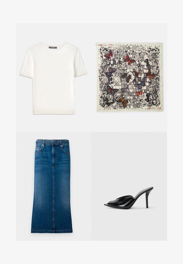 Fehér, rövid ujjú kötött felső, kerek nyakkivágással, sima textúrával és diszkrét bordázott részletekkel az ujjain és az alján.; Közepes mosású, egyenes szabású farmer szoknya, rejtett elülső cipzárral, övhurkokkal és kontrasztos varrással.; Fekete bőr, nyitott orrú, hegyes kialakítású, sima textúrájú, és karcsú tűsarokkal rendelkező magassarkú mules.; Négyzet alakú selyemsál, amelyen részletes pillangóillusztrációk láthatók különböző színekben világos háttéren, fekete körvonalakkal és dekoratív mintázattal.