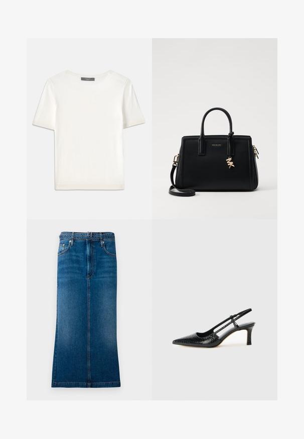 Bela kratka pletena majica s kratkimi rokavi in okroglim izrezom, ki ima gladko teksturo in subtilne rebrovane detajle na rokavih in robu.; Denim krilo v srednjem pranju s ravnim krojem, ki ima skrit sprednji zadrgo, pasne zanke in kontrastno šivanje.; Črne lakaste slingback pete s koničastim nosom, ki imajo teksturiran vzorec kačje kože, nastavljiv trak in kratek teksturiran blok peto.; Črna usnjena torbica s strukturirano zasnovo, dvema zgornjima ročajema, odstranjevanim naramnim trakom, zlatim okovjem in dodatkom z logotipom.