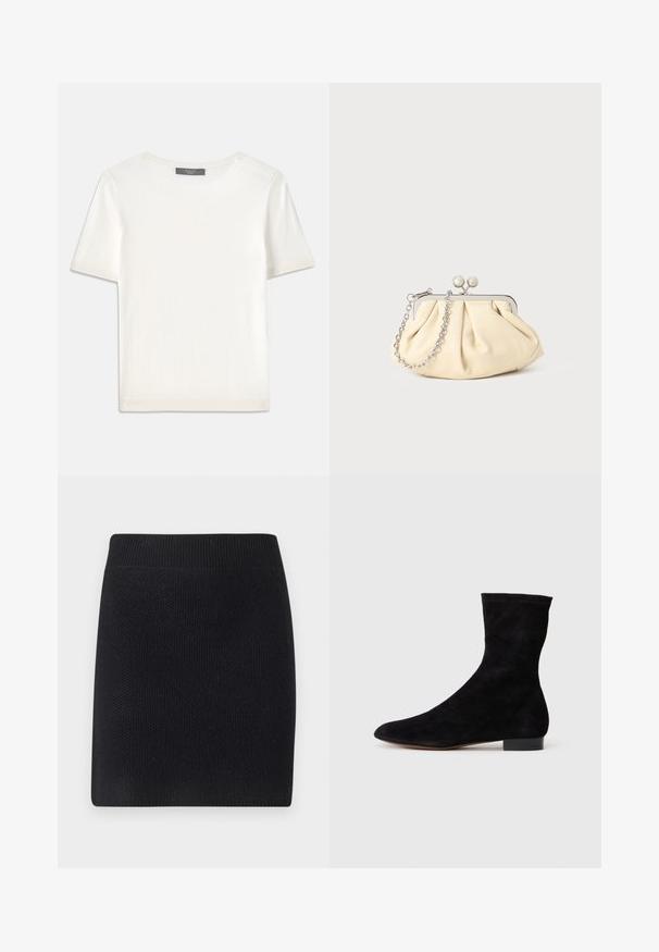 Biała krótki rękaw dzianinowa bluzka z okrągłym dekoltem, charakteryzująca się gładką teksturą i subtelnymi prążkowanymi akcentami na rękawach oraz u dołu.; Czarna dzianinowa spódnica o prostym kroju. Posiada szeroki, prążkowany pas i teksturowane wykończenie, idealna na codzienne noszenie.; Czarne zamszowe botki za kostkę z dopasowaną cholewką, spiczastym noskiem i niskim blokowym obcasem. Gładka faktura i minimalistyczny design, odpowiednie do wszechstronnych stylizacji.; Złożona beżowa skórzana kopertówka z srebrną metalową ramą, z dwoma okrągłymi dekoracyjnymi zapięciami i srebrnym łańcuszkiem.