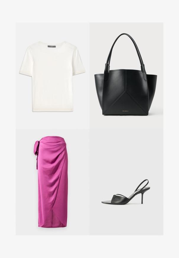 White short-sleeve knit top with a round neckline, featuring a smooth texture and subtle ribbed accents at sleeves and hem.; Pink wrap skirt with a side tie, featuring draped fabric, smooth texture, and an asymmetric hemline. Lightweight material with a flowing design.; Black leather slingback heels with a pointed toe, thin ankle strap, and stiletto heel. Features a knotted detail on the vamp.; Black leather tote bag with a geometric design, featuring two handles and gold branding on the front. Smooth texture and structured shape.