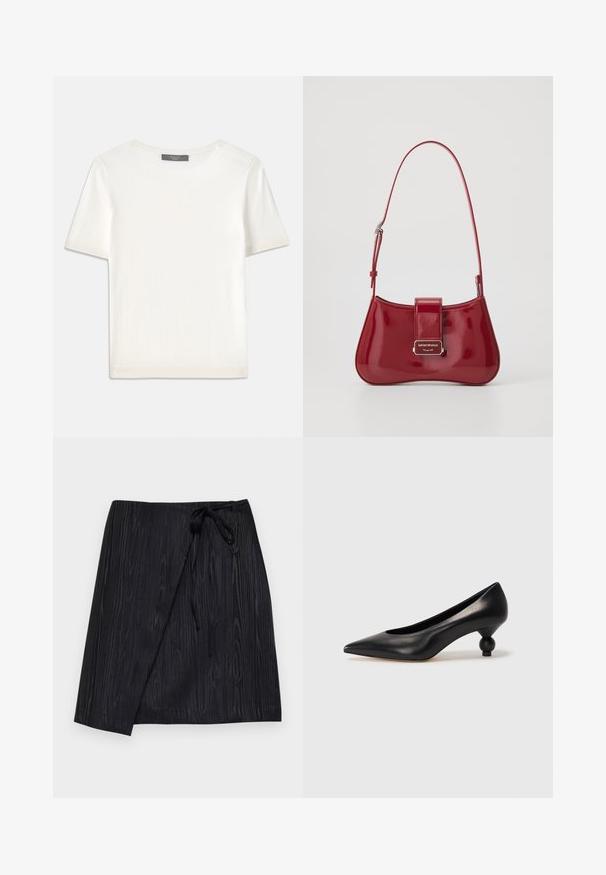 White short-sleeve knit top with a round neckline, featuring a smooth texture and subtle ribbed accents at sleeves and hem.; Black wrap skirt with a textured wood grain pattern, featuring a tie closure at the waist and a straight silhouette.; Black leather high heel shoe with a pointed toe and a round, balled heel. Smooth texture with a sleek, minimal design.; Red patent leather handbag with a curved shape, a flap closure, and a silver logo accent. Adjustable shoulder strap included.