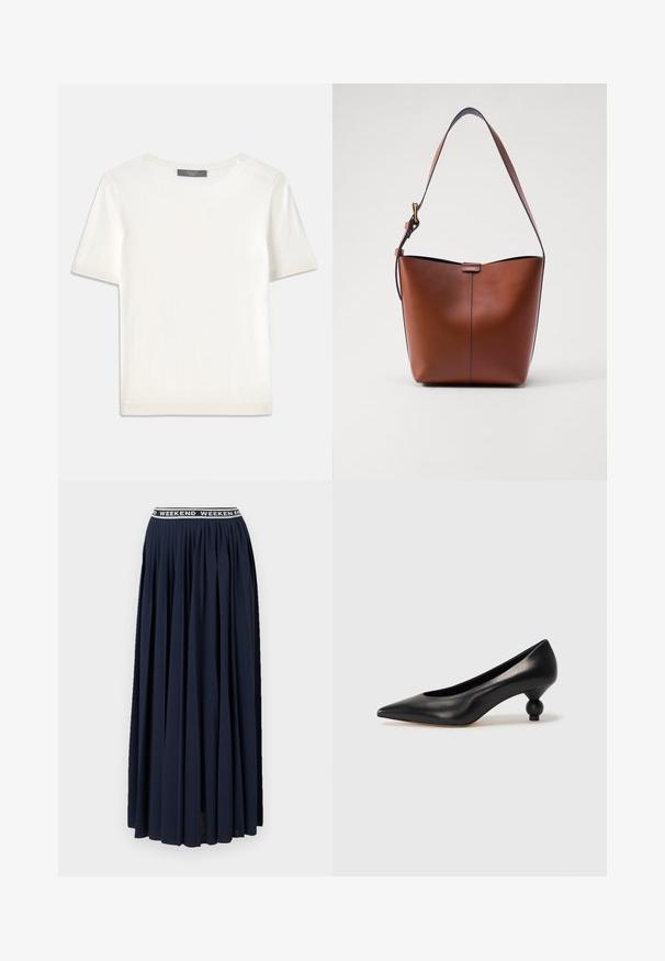 Haut tricot blanc à manches courtes avec un col rond, présentant une texture lisse et des accents côtelés subtils aux manches et à l'ourlet.; Weekend Max Mara BLEU - Jupe longue - navy; Chaussure à talon haut en cuir noir avec un bout pointu et un talon arrondi. Texture lisse avec un design épuré et minimal.; Sac à épaule en cuir marron avec une forme courbée, texture lisse et une seule sangle fine. Présente une couture subtile et un petit logo.