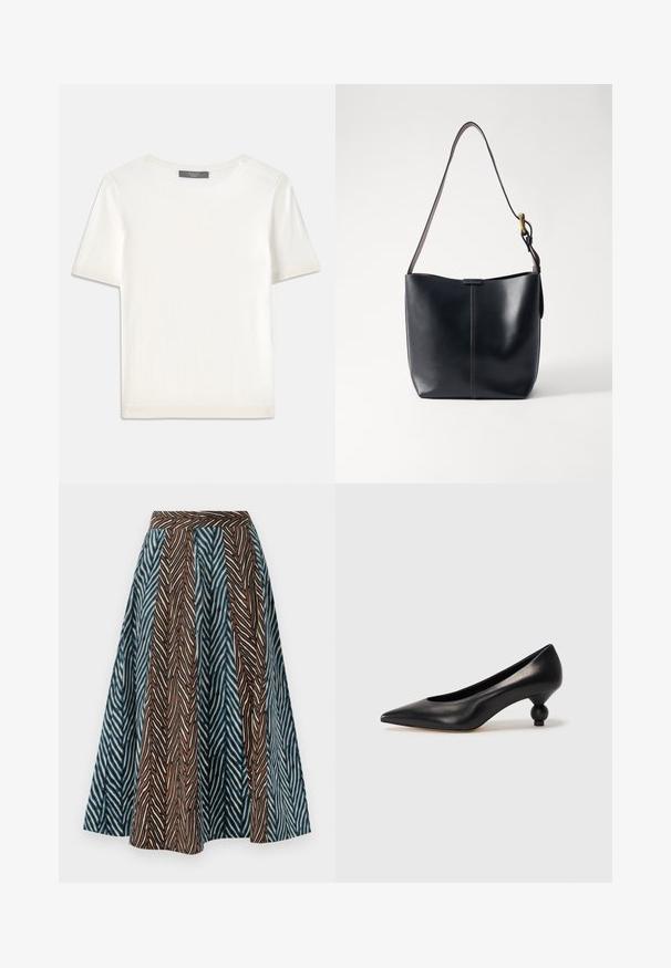 Hvid kortærmet strikbluse med rund halsudskæring, der har en glat tekstur og subtile ribbede detaljer ved ærmerne og kanten.; Brun og blå midi nederdel med zigzag mønster, plisseret design og en tætsiddende talje. Fremstillet af letvægtsstof.; Sort læder høje hæle med spids tå og rund, kugleformet hæl. Glat tekstur med et stilrent, minimalistisk design.; Sort læder skuldertaske med en glat overflade, der har en tynd, lang rem og en subtil syet detalje ned langs midten.