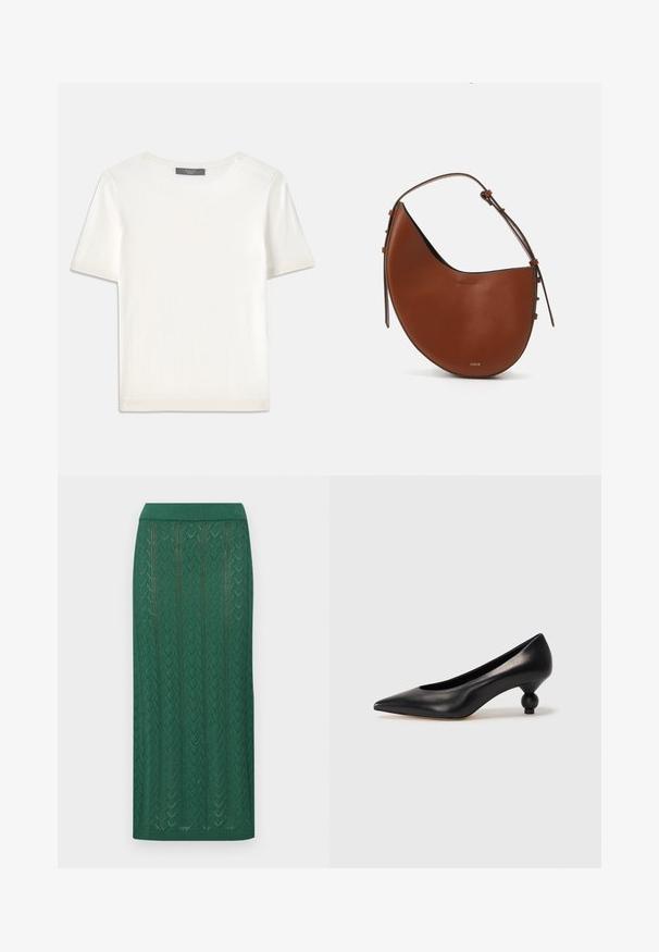 Hvid kortærmet strikbluse med rund halsudskæring, der har en glat tekstur og subtile ribbede detaljer ved ærmerne og kanten.; Strikket grøn nederdel med et herringbone-mønster, bred talje og en mellemlang længde med en struktureret overflade.; Sort læder høje hæle med spids tå og rund, kugleformet hæl. Glat tekstur med et stilrent, minimalistisk design.; Brun læder skuldertaske med en halvmåneform, slank brun rem og subtile detaljer i guld hardware. Har en glat overflade og minimal syning.