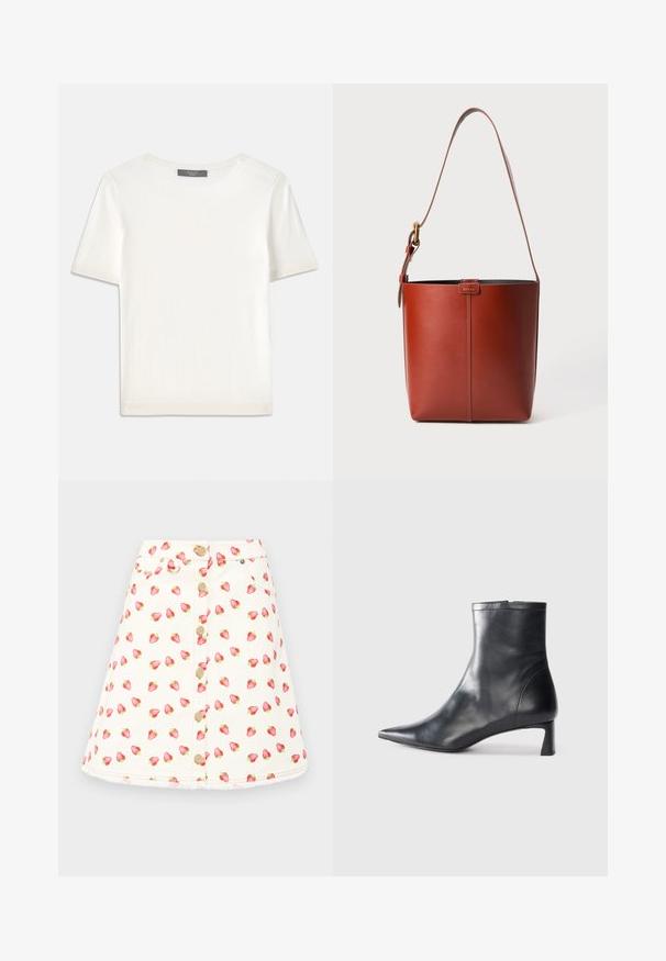 Weißes kurzärmliges Strickoberteil mit rundem Halsausschnitt, das eine glatte Textur und subtile Rippakzente an den Ärmeln und dem Saum aufweist.; Ein cremefarbener Rock in A-Linien-Form mit Erdbeerprint, Metallknöpfen auf der Vorderseite und seitlichen Taschen. Aus weichem Baumwollmaterial.; Schwarze Lederstiefelette mit spitzer Zehe und schlankem Design. Verfügt über einen niedrigen Absatz und einen Reißverschluss hinten. Glatte Textur.; Braune Leder-Eimer-Tasche mit verstellbarem Schultergurt und goldfarbener Schnalle, einfache vertikale Nahtdetails auf der Vorderseite.
