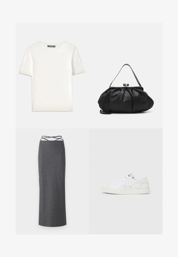 Haut tricot blanc à manches courtes avec un col rond, présentant une texture lisse et des accents côtelés subtils aux manches et à l'ourlet.; Jupe midi grise en tissu doux et extensible. Elle présente une silhouette droite et des bretelles croisées à la taille pour un maintien sécurisé.; Baskets blanches montantes basses avec un design perforé, des lacets plats et une semelle en caoutchouc texturée. Présente un style minimaliste et une finition douce.; Sac à main en cuir noir avec un design arrondi et plissé. Il possède un fermoir métallique avec deux boules décoratives et une bandoulière fine et amovible.