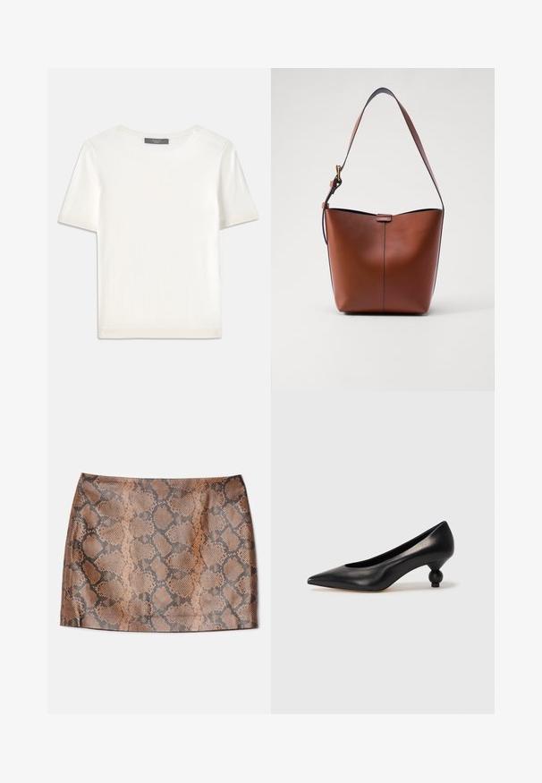 Biała krótki rękaw dzianinowa bluzka z okrągłym dekoltem, charakteryzująca się gładką teksturą i subtelnymi prążkowanymi akcentami na rękawach oraz u dołu.; Alice + Olivia ELANA brązowy; Czarna skórzana szpilka z ostrym czubkiem i okrągłym, kulistym obcasem. Gładka tekstura z eleganckim, minimalistycznym wzornictwem.; Brązowa skórzana torba na ramię o zakrzywionym kształcie, gładkiej fakturze i pojedynczym cienkim pasku. Posiada subtelną szew i mały detal z logo.