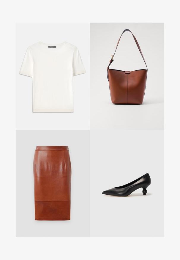 Top de punto corto de manga blanca con cuello redondo, que presenta una textura suave y sutiles detalles acanalados en las mangas y el dobladillo.; Falda de lápiz marrón de piel con una textura suave, diseño a la altura de la rodilla y un brillo sutil. Presenta una cinturilla ajustada y bolsillos laterales.; Zapato de tacón alto de cuero negro con puntera afilada y un tacón redondeado y abombado. Textura suave con un diseño elegante y minimalista.; Bolso de hombro de cuero marrón con forma curva, textura suave y una única correa delgada. Presenta una costura sutil y un pequeño detalle del logo.