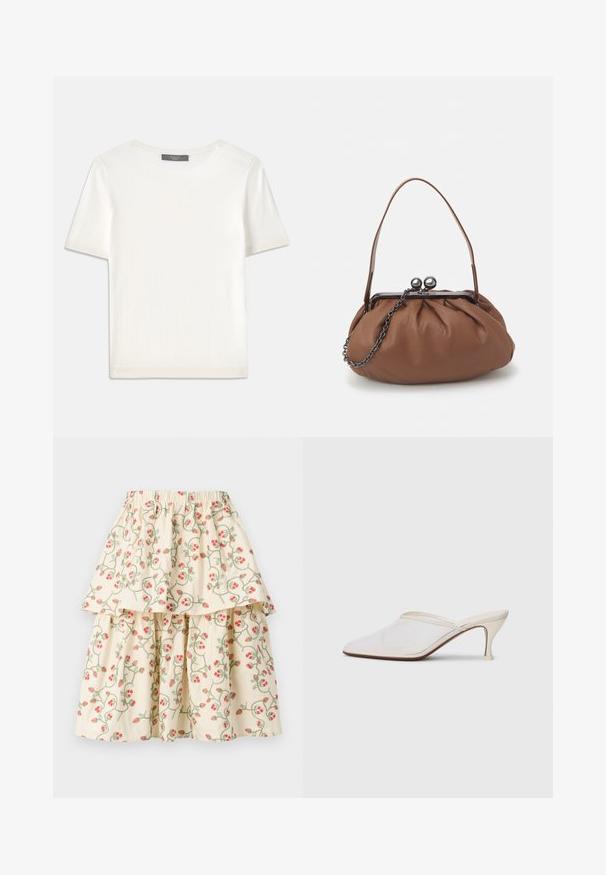 Valkoinen lyhythihainen neulepaita, jossa on pyöreä kaula-aukko. Paidan pinnassa on sileä rakenne ja hihansuissa sekä helmassa hienostuneet ribbineulekoristeet.; Kermaviininvärinen kerroksellinen hame, jossa on punaisia mansikoita ja vihreitä viinejä kuvioina. Jousto-osa vyötäröllä mukavuutta ja istuvuutta varten.; Valkoinen verkkokangas teräväkärkinen mulu, jossa on ohut keskipituinen korko ja liukupohjainen muotoilu yksinkertaista taustaa vasten.; Ruskea nahkakäsilaukku, jossa on rypytetty muotoilu, lyhyt nahkahandling ja ketjuhihna. Varustettu hopeisella metallisoljella, jossa on kaksi pyöreää yksityiskohtaa.