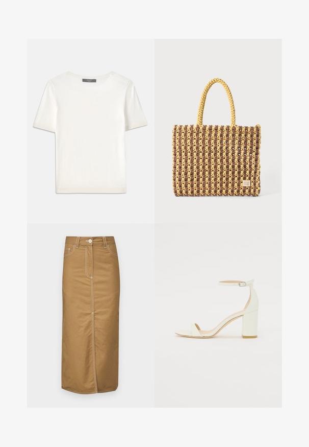 Top tricotat alb cu mânecă scurtă, cu decolteu rotund, având o textură netedă și accente subtile cu nervuri la mâneci și la margine.; Fustă midi marron dintr-un material durabil, cu cusături albe, închidere cu buton frontal și două buzunare laterale. Design cu siluetă dreaptă.; Sandal din piele albă cu toc bloc, având o curea la glezna cu cataramă și un design minimalist. Vârf deschis și texturi netede pe întreaga suprafață.; Geantă țesută în nuanțe de maro și galben, cu o formă rectangulară, două bretele de mână și un finisaj texturat cu cusături vizibile și un etichetă de marcă.