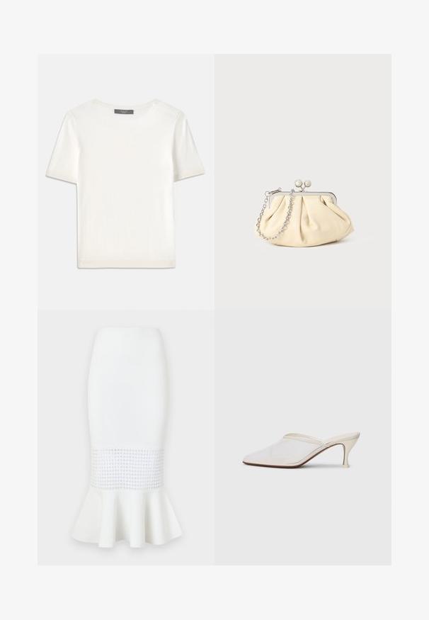 Witte gebreide top met korte mouwen en een ronde halslijn, met een gladde textuur en subtiele ribgebreide accenten bij de mouwen en de zoom.; Witte midi rok gemaakt van ribbels stof, met een gaaspaneel aan de zoom en een uitlopende onderkant. Glad textuur met ronde uitsparingen.; Witte mesh puntige muiltjes met een slanke hak van middelgrote hoogte en een slip-on ontwerp, tegen een effen achtergrond.; Geplooide beige leren clutch met een zilveren metalen frame, voorzien van twee ronde decoratieve sluitingen en een zilveren kettingriem.