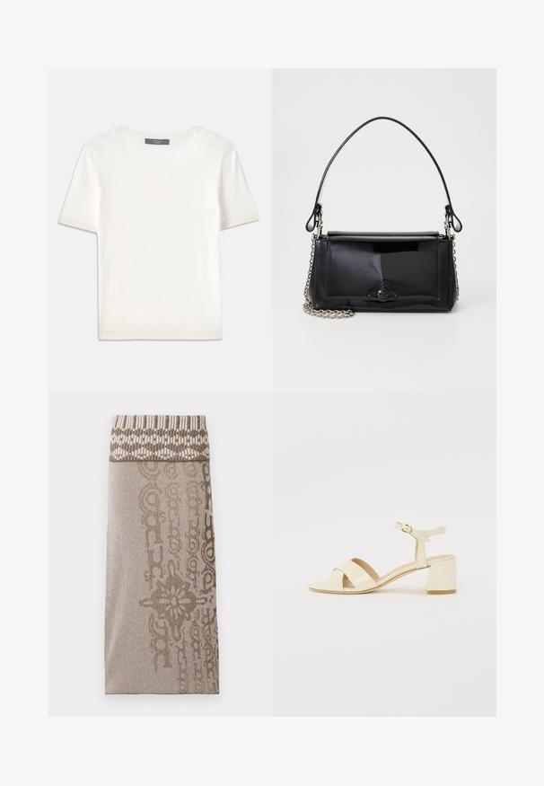 Balta īsām piedurknēm adīta blūze ar apaļu kakla izgriezumu, kurai ir gluda tekstūra un smalki riboti akcenti pie piedurknēm un apakšmalas.; Adīta svārki gaiši brūnā krāsā ar rakstainu jostas daļu un teksturētu apakšu, kurai ir maigi svītru raksts un dekoratīvi elementi.; Bežīgi patentēti ādas sandalītes ar krustenisku siksnu dizainu, atvērtu pirkstu, regulējamu potītes siksnu un bloku papēdi. Gluda tekstūra.; Melnas lakotas ādas rokassomi ar taisnstūra formu, ķēdes siksnu un izteiksmīgu metāla aksesuāru centrā. Gluda tekstūra.