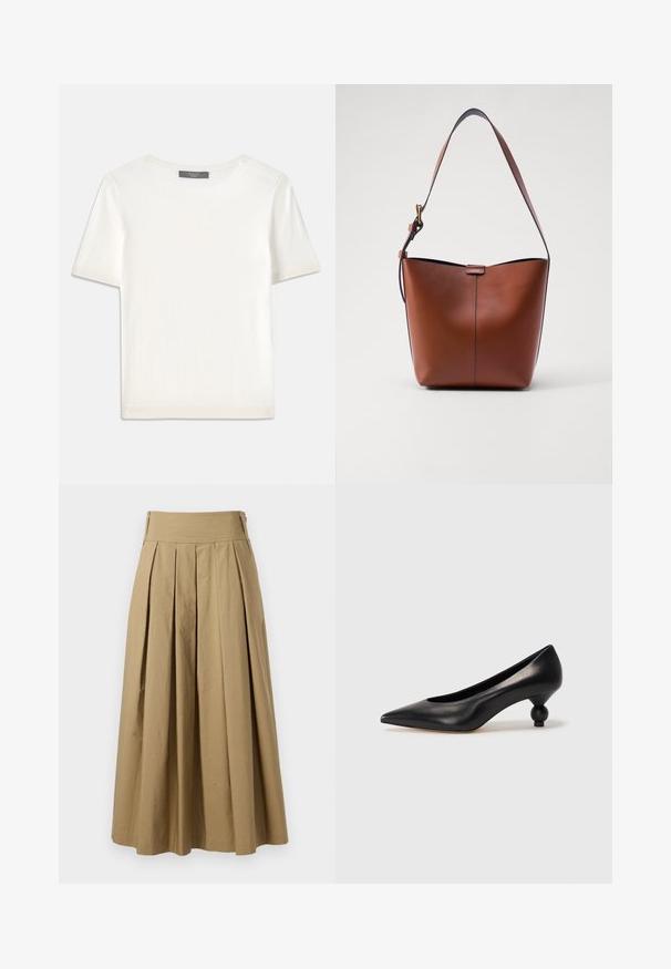 Haut tricot blanc à manches courtes avec un col rond, présentant une texture lisse et des accents côtelés subtils aux manches et à l'ourlet.; Jupe plissée kaki avec une taille haute, en coton. Présente un design fluide et une finition d'ourlet avec des détails de couture discrets.; Chaussure à talon haut en cuir noir avec un bout pointu et un talon arrondi. Texture lisse avec un design épuré et minimal.; Sac à épaule en cuir marron avec une forme courbée, texture lisse et une seule sangle fine. Présente une couture subtile et un petit logo.