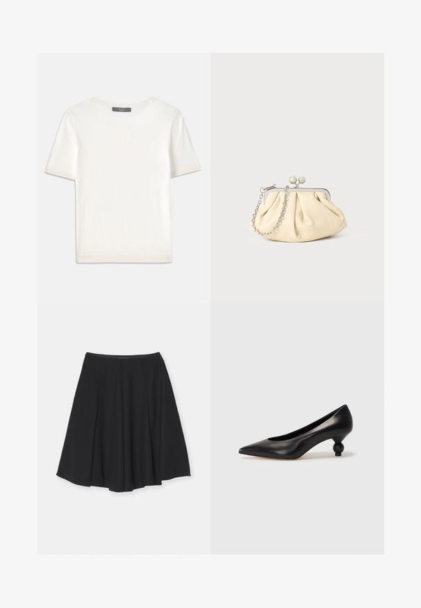 Weißes kurzärmliges Strickoberteil mit rundem Halsausschnitt, das eine glatte Textur und subtile Rippakzente an den Ärmeln und dem Saum aufweist.; Emporio Armani GONNA - A-Linien-Rock - black; Schwarze Leder-Pumps mit spitzem Zehenbereich und runder, ballförmiger Ferse. Glatte Textur mit einem eleganten, minimalistischen Design.; Faltige beigefarbene Ledertasche mit einem silbernen Metallrahmen, ausgestattet mit zwei runden dekorativen Verschlüssen und einem silbernen Kettenriemen.