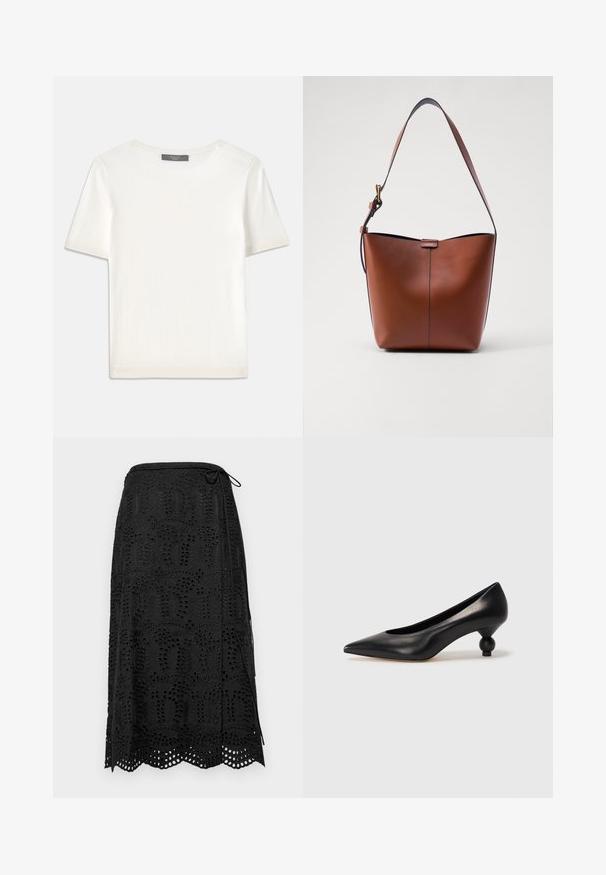 Biele krátke rukávy pletené tričko s okrúhlym výstrihom, ktoré má jemnú textúru a nenápadné rebrované detaily na rukávoch a leme.; Čierna sukňa s zložitým čipkovým detailom, s vlnkovaným lemom a viazaním v páse. Vyrobená z ľahkého materiálu.; Čierna kožená vysoká topánka na podpätku s ostrým špičkou a okrúhlym, guľatým podpätkom. Hladký povrch s moderným, minimalistickým dizajnom.; Hnedá kožená taška cez rameno s zakriveným tvarom, hladkou textúrou a jedným tenkým popruhom. Obsahuje jemný šev a malý logo detail.