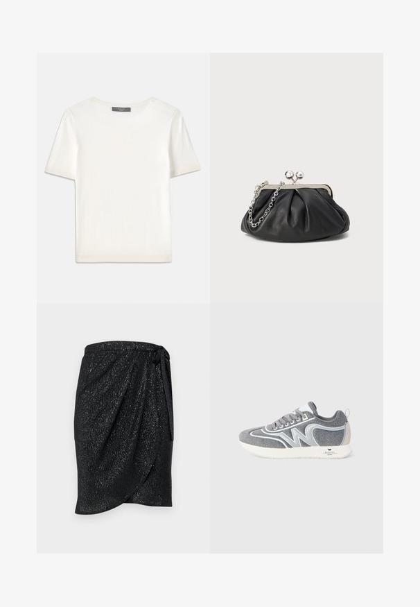 White short-sleeve knit top with a round neckline, featuring a smooth texture and subtle ribbed accents at sleeves and hem.; Black wrap skirt with a textured, shimmering finish. Features a tie at the waist and a draped design for a sleek silhouette.; Gray and white low-top sneaker with laces, "W" design on side, and a white sole branded "Weekend Max Mara" on the heel.; Black leather clutch with gathered texture, silver-tone metal frame, kiss-lock closure, and chain strap. Smooth, soft surface.