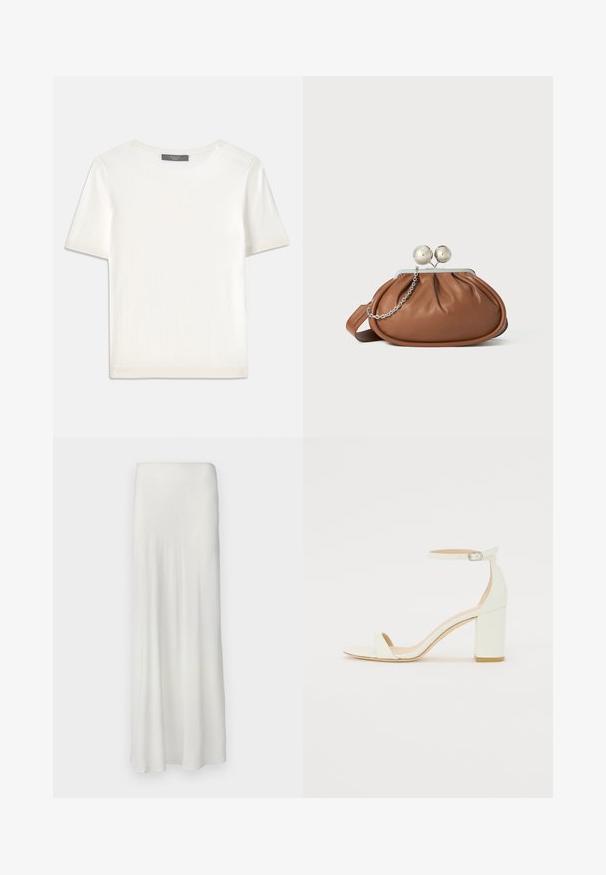 Top de malha branco, de mangas curtas, com decote redondo, apresentando uma textura suave e discretos realces canelados nas mangas e na barra.; Saia longa e branca com um tecido suave e fluido. Apresenta uma cintura elástica simples e uma silhueta reta, atingindo o comprimento do tornozelo.; Sandal de bloco em pele branca, apresentando uma correia no tornozelo com fivela e um design minimalista. Com biqueira aberta e texturas suaves ao longo de toda a peça.; Pasta de mão em couro castanho com fecho em bola prateada e um pequeno detalhe em corrente prateada sobre um fundo branco.