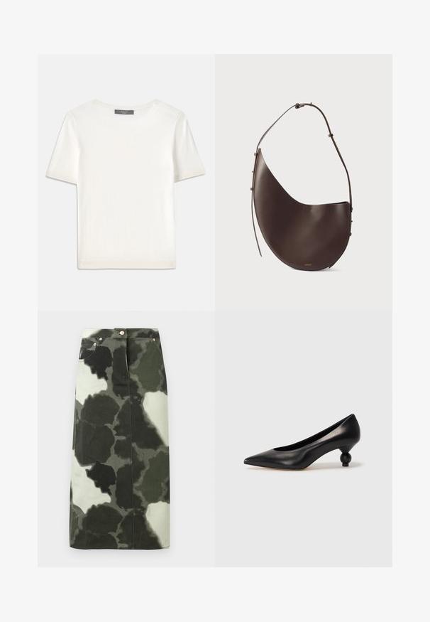 Baltas trumpas rankovėmis megztinis su apvaliu kaklu, pasižymintis lygia tekstūra ir subtiliais raštuotais akcentais rankovėse bei apykaulyje.; Kamo rašto džinsinė sijonas tamsiai žalios ir juodos spalvos, su aukštu liemeniu, keturiomis kišenėmis ir metaliniais akcentais. Vidutinio ilgio ir tiesaus kirpimo.; Juoda odinė aukštakulnė bateliai su smailiu pirštu ir apvaliu, iškiliu kulnu. Lygus paviršius su elegantišku, minimalistiniu dizainu.; Ruda odinė rankinė, turinti kreivą formą, vieną diržą ir minimalistinį dizainą. Sukurta su subtiliu logotipu ir auksiniais detalėmis.