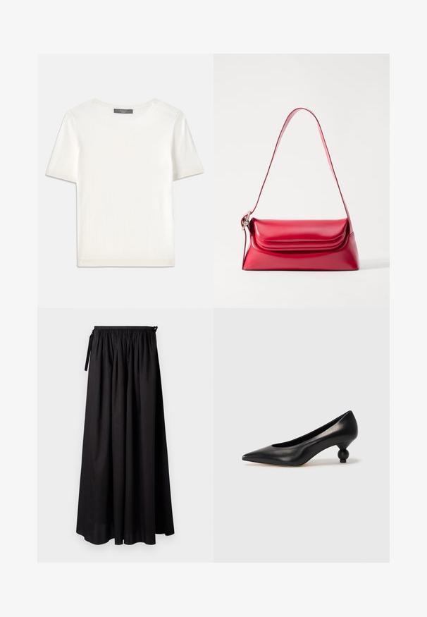 Biała krótki rękaw dzianinowa bluzka z okrągłym dekoltem, charakteryzująca się gładką teksturą i subtelnymi prążkowanymi akcentami na rękawach oraz u dołu.; Czarna maxi spódnica z marszczonym pasem, z detalami do związania i zwiewnym krojem wykonana z gładkiego materiału. Brak widocznych wzorów lub akcentów.; Czarna skórzana szpilka z ostrym czubkiem i okrągłym, kulistym obcasem. Gładka tekstura z eleganckim, minimalistycznym wzornictwem.; Czerwona skórzana torebka o usztywnionym kształcie, gładkiej fakturze i pojedynczym regulowanym pasku. Posiada zaokrąglone zapięcie na klapkę.