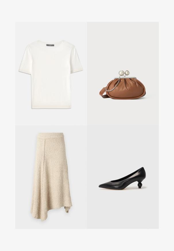 White short-sleeve knit top with a round neckline, featuring a smooth texture and subtle ribbed accents at sleeves and hem.; Beige textured skirt with a flared hem, featuring a high waist and an asymmetric cut, made from soft knitted material.; Black leather high heel shoe with a pointed toe and a round, balled heel. Smooth texture with a sleek, minimal design.; Brown leather clutch purse with silver ball clasp and a small silver chain detail on a white background.