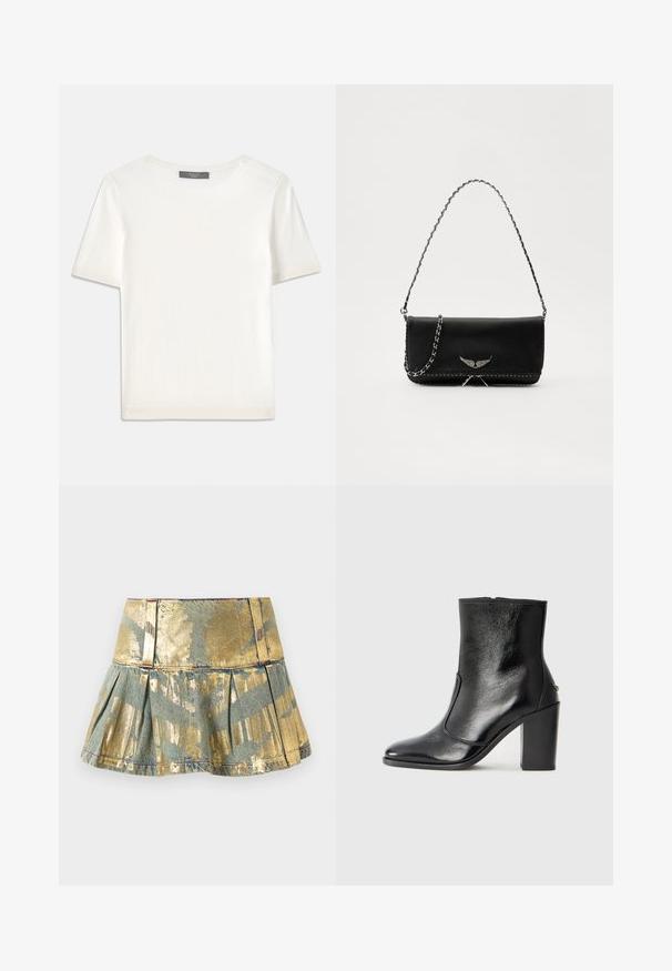 Top tricotat alb cu mânecă scurtă, cu decolteu rotund, având o textură netedă și accente subtile cu nervuri la mâneci și la margine.; Fustă din denim plisată aurie și teal, cu un finisaj lucios, având o talie ajustată și detalii de cusătură în contrast.; Botină din piele neagră, cu o textură netedă, vârf ascuțit și toc gros, înalt. Dispune de o deschidere laterală și un design minimalist.; Geantă de mână din piele neagră cu un lanț din argint, având accente decorative în formă de aripi și cusături albe de-a lungul cusăturii de jos.