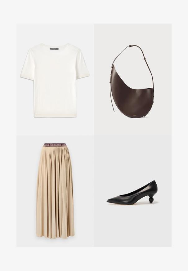 Haut tricot blanc à manches courtes avec un col rond, présentant une texture lisse et des accents côtelés subtils aux manches et à l'ourlet.; Jupe maxi plissée en doux tissu beige, avec une taille élastique bordeaux affichant le mot "WEEKEND" répété. Aucune fermeture visible.; Chaussure à talon haut en cuir noir avec un bout pointu et un talon arrondi. Texture lisse avec un design épuré et minimal.; Sac à main en cuir brun avec une forme incurvée, une seule sangle et un design minimaliste. Présente un logo subtil et des accents en hardware doré.