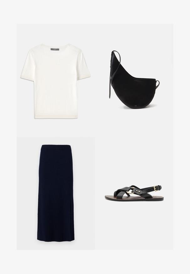 Bílý pletený top s krátkým rukávem a kulatým výstřihem, s hladkou strukturou a jemnými ribovými akcenty na rukávech a lemu.; Námořnická pletená sukně s rovnou siluetou, která má boční rozparek pro snadný pohyb. Tkanina vypadá měkce a pružně.; Černé kožené sandály s křížovými pásky a zlatým kruhovým akcentem. Plochá podrážka se sponou na kotníku.; Černá kožená kabelka s zakřiveným slunečníkovým tvarem, vybavená štíhlým popruhem a decentním zlatým logem na přední straně. Hladký povrch s minimálním kováním.