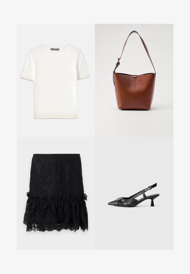 White short-sleeve knit top with a round neckline, featuring a smooth texture and subtle ribbed accents at sleeves and hem.; Black lace skirt with a structured top, featuring a ruffled lace hem. The fabric exhibits floral patterns and a smooth waistband.; Black leather slingback shoe with a pointed toe, decorative straps featuring metal eyelets, and a low block heel. Textured surface.; Brown leather shoulder bag with a curved shape, smooth texture, and a single thin strap. Features a subtle seam and a small logo detail.