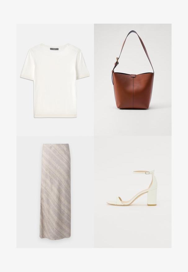 Bílý pletený top s krátkým rukávem a kulatým výstřihem, s hladkou strukturou a jemnými ribovými akcenty na rukávech a lemu.; Sukně po kolena v světle béžové látce s diagonálními světlejšími pruhy. Jemná textura, bezšvový finiš a uvolněný střih.; Bílé kožené sandály na blokovém podpatku s ankle strapem a přezkou, minimalistický design. Otevřená špička a hladké textura po celém povrchu.; Hnědá kožená taška přes rameno s zakřiveným tvarem, hladkou texturou a jedním tenkým popruhem. Obsahuje jemný šev a malý detail loga.
