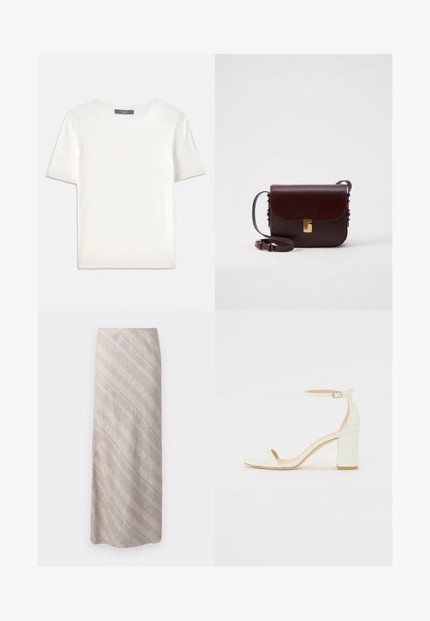 Biele krátke rukávy pletené tričko s okrúhlym výstrihom, ktoré má jemnú textúru a nenápadné rebrované detaily na rukávoch a leme.; Sukňa po kolená z jemného béžového materiálu s diagonálnymi svetlejšími pruhmi. Subtílna textúra, bezšvové spracovanie a voľný strih.; Biele kožené sandále na blokovom podpätku s remienkom okolo členku a minimalistickým dizajnom. Otvorená špička a hladké textúry po celom povrchu.; Hnedá kožená taška so zavieraním na klopu, zlatými kovovými detailmi a nastaviteľným popruhom. Má hladký povrch a elegantný obdĺžnikový tvar.
