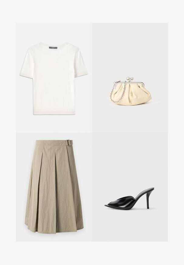 Vit kortärmad stickad topp med rund halsringning, med en jämn textur och subtila randiga detaljer vid ärmarna och fållen.; Beige plisserad kjol med en slät textur, utrustad med bälteshål och en A-linjeform, designad med en knälång längd.; Svarta läder högklackade mule-skor med öppen tå, spetsig design, slät yta och en smal stiletto-häl.; Plisserad beige läderclutch med en silvermetallram, som har två runda dekorativa lås och en silverkedjestrap.